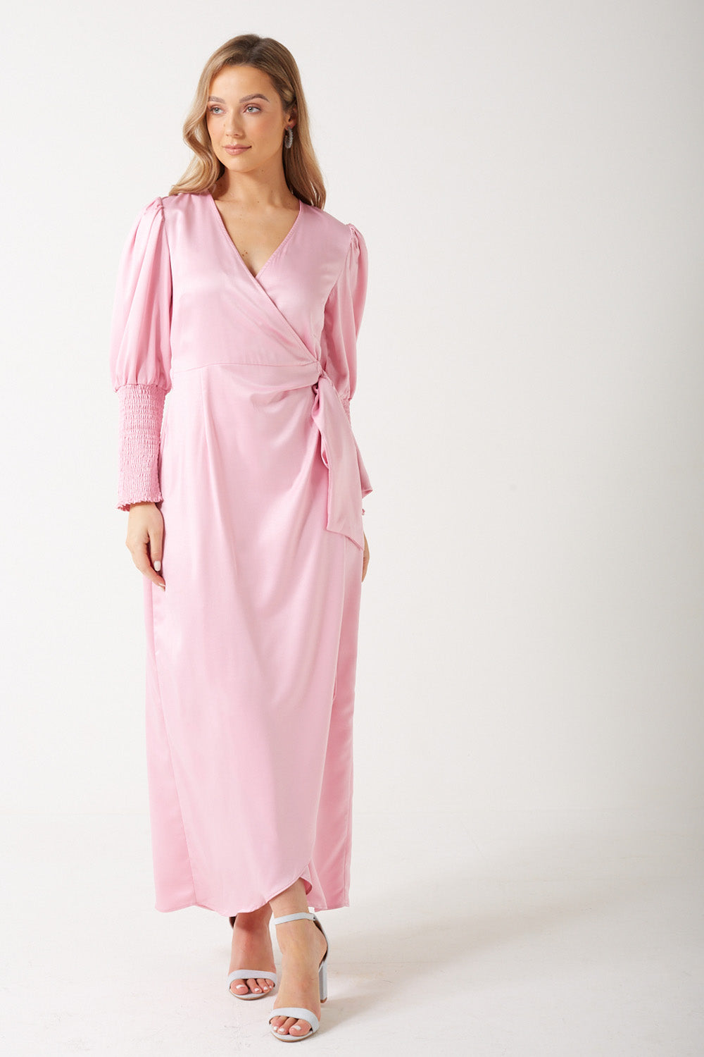 Julie Satin Wrap Dress in Pink