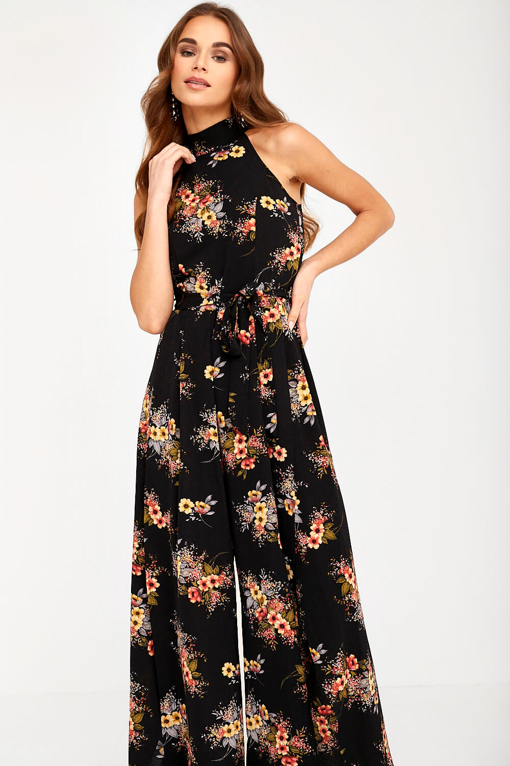 Karlie Floral Halter Neck Jumpsuit in Black