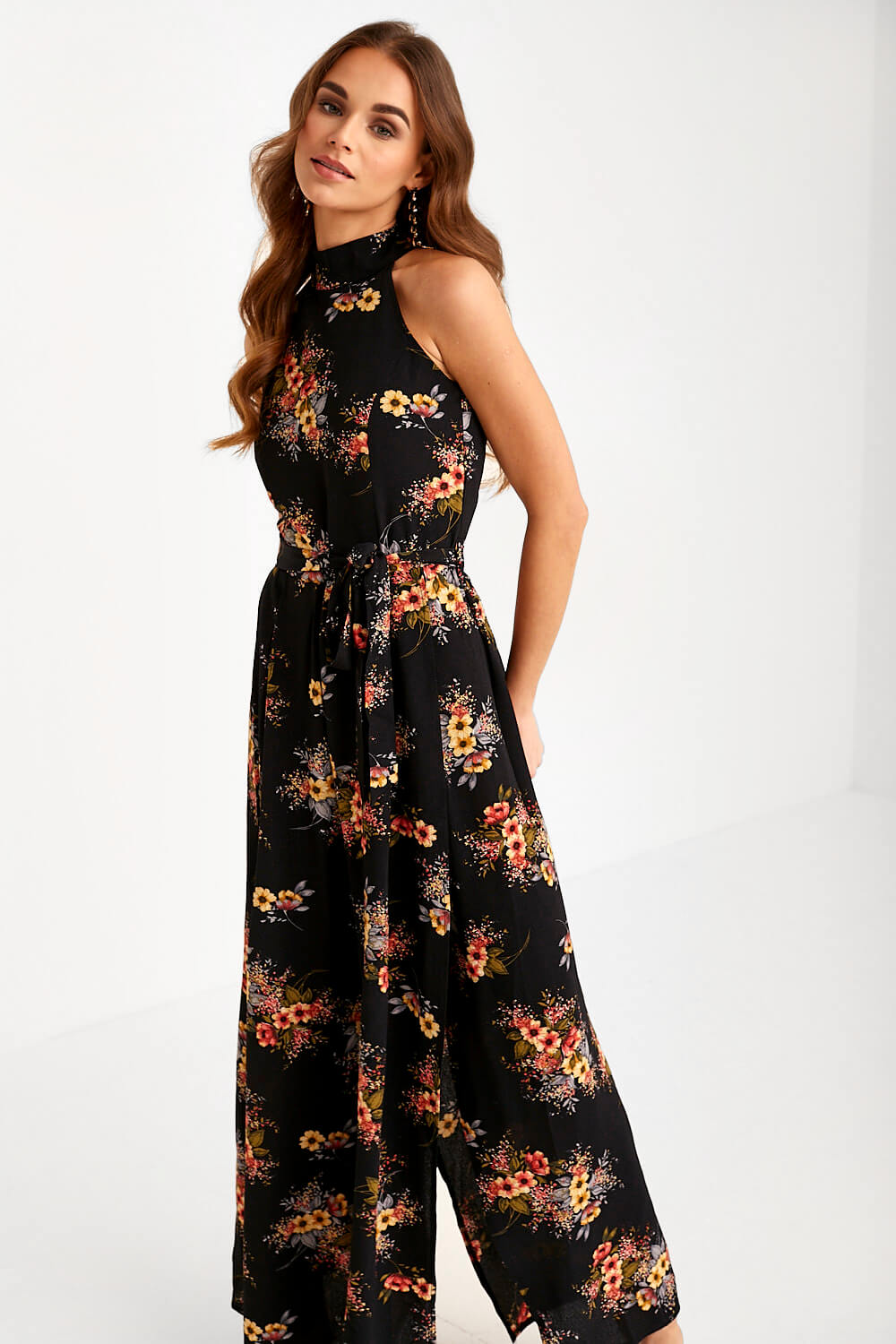 Karlie Floral Halter Neck Jumpsuit in Black