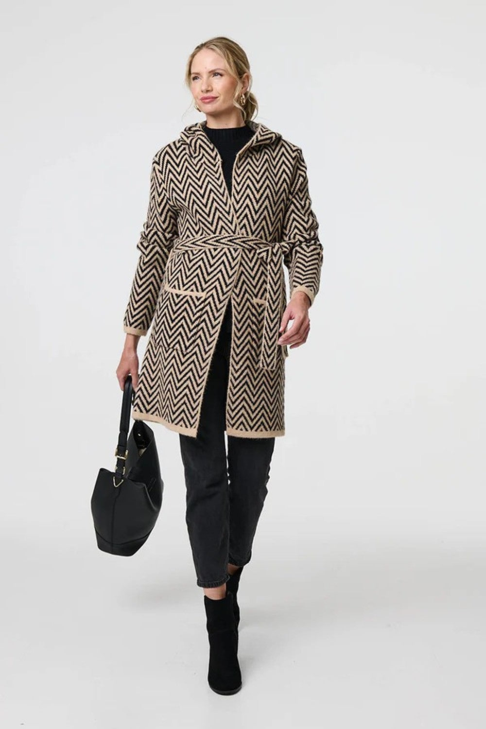 Chevron Print Tie Waist Hooded Coatigan in Beige