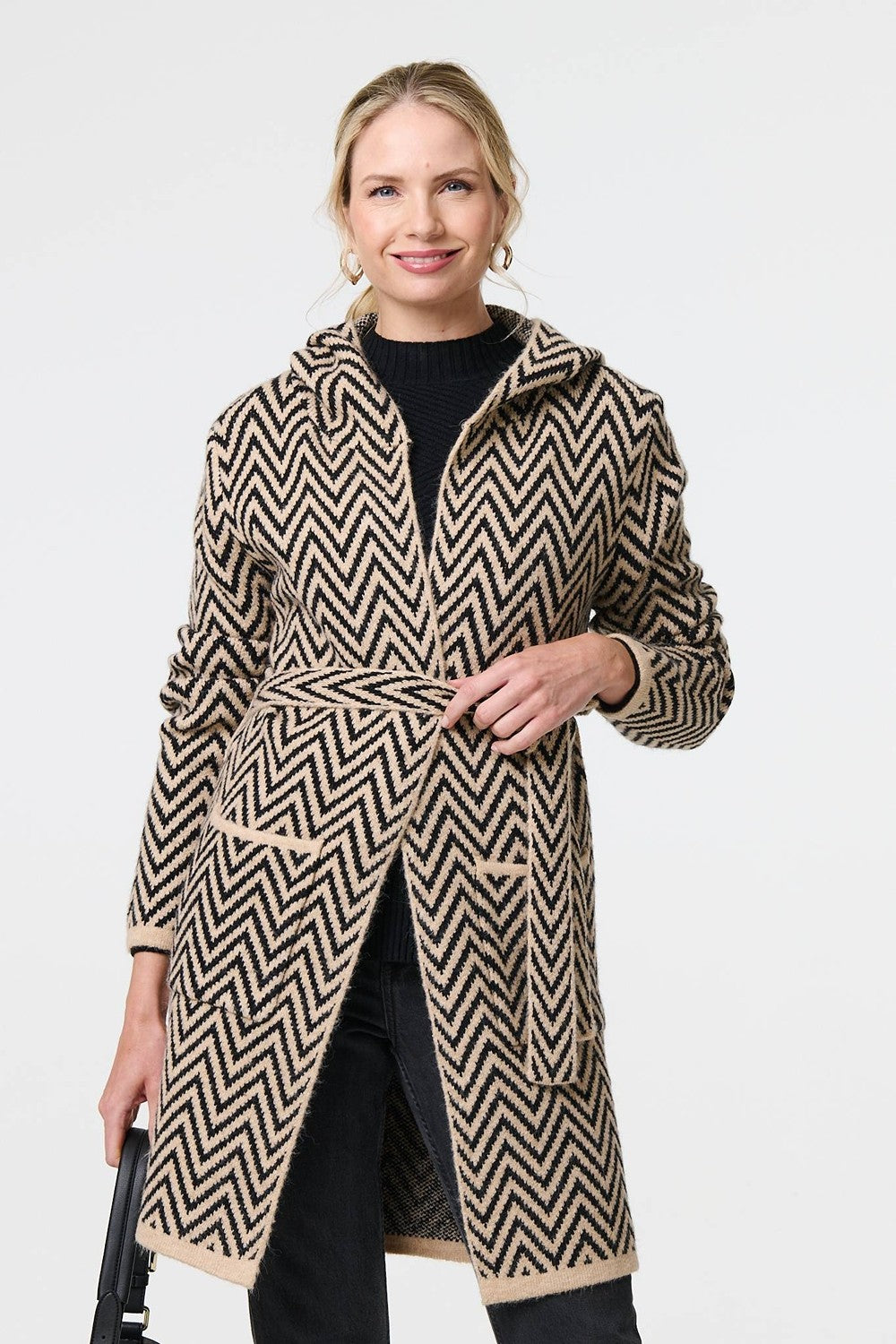 Chevron Print Tie Waist Hooded Coatigan in Beige