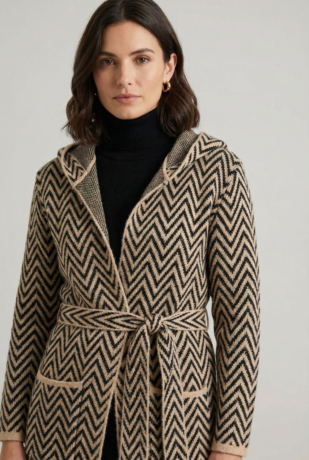 Chevron Print Tie Waist Hooded Coatigan in Beige