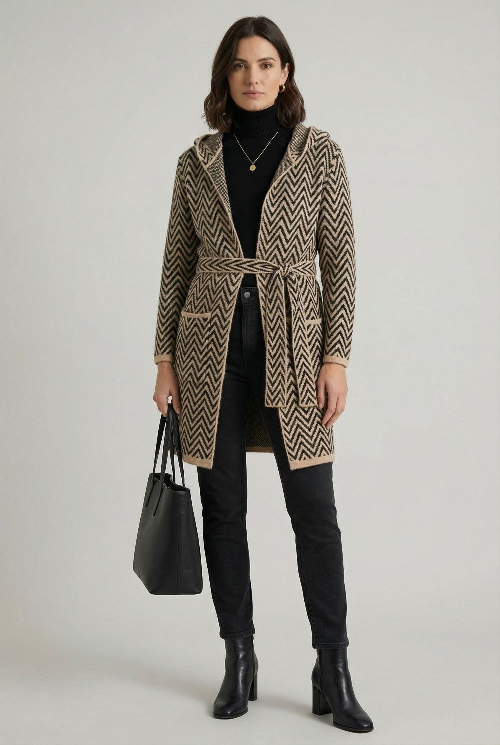 Chevron Print Tie Waist Hooded Coatigan in Beige