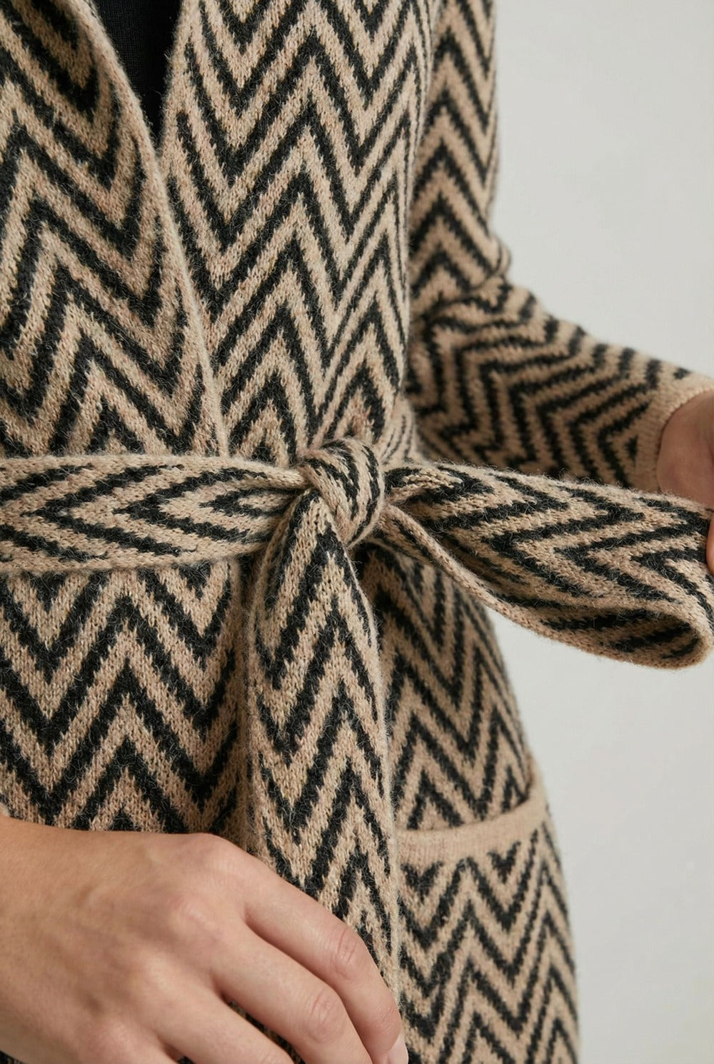 Chevron Print Tie Waist Hooded Coatigan in Beige