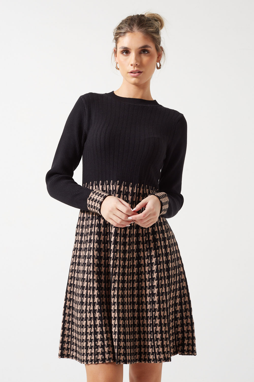 Ayla Houndstooth Knit Dress in Black