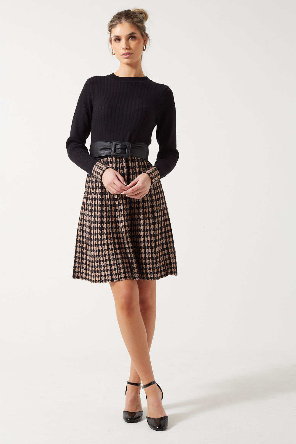 Ayla Houndstooth Knit Dress in Black