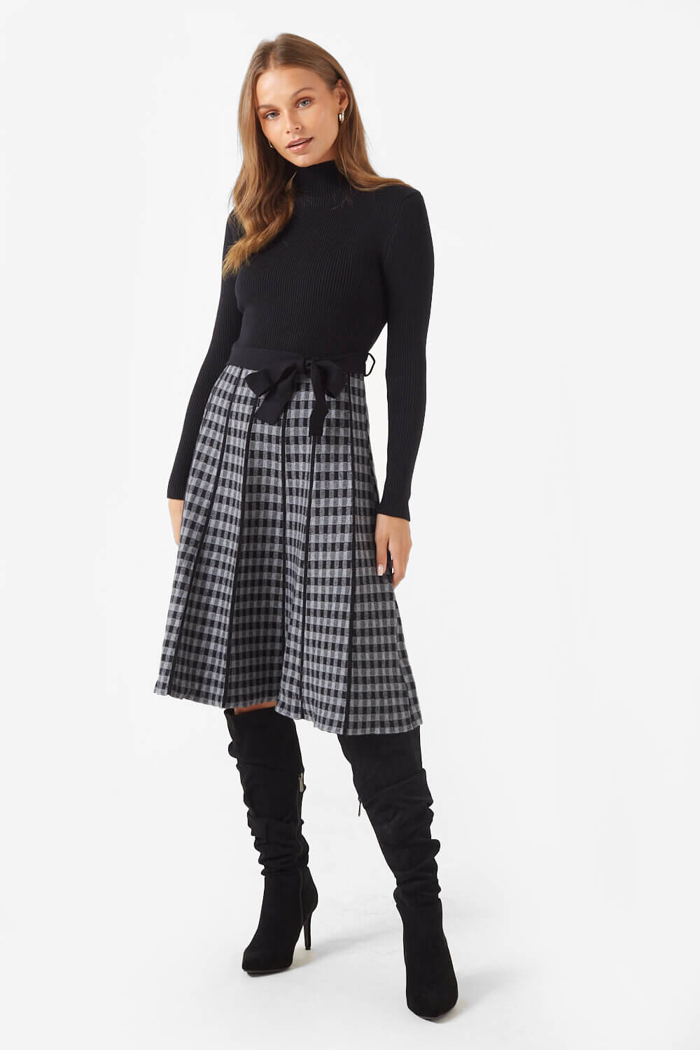 Tayla Checked Knit Dress with Belt in Black and Grey