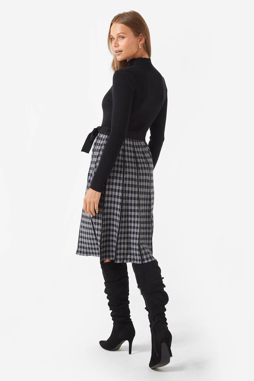 Tayla Checked Knit Dress with Belt in Black and Grey