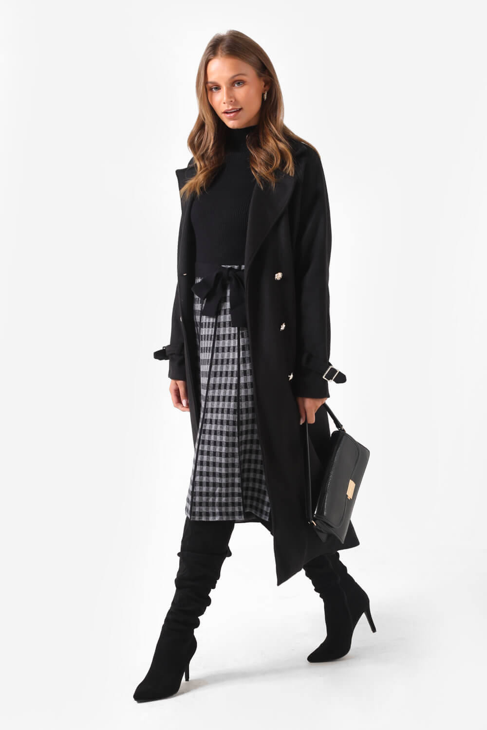 Tayla Checked Knit Dress with Belt in Black and Grey