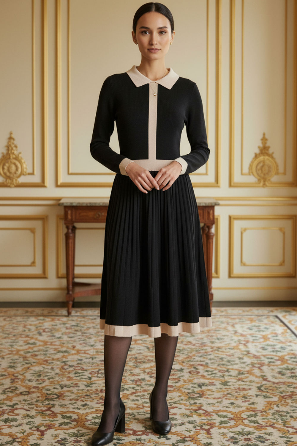 Border Print Pleated Knit Knee Length Dress in Black and Cream