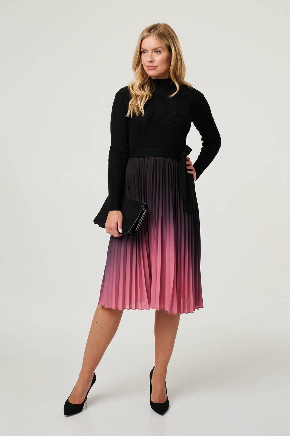 Ombre Tie Waist Pleated Knit Midi Dress in Black