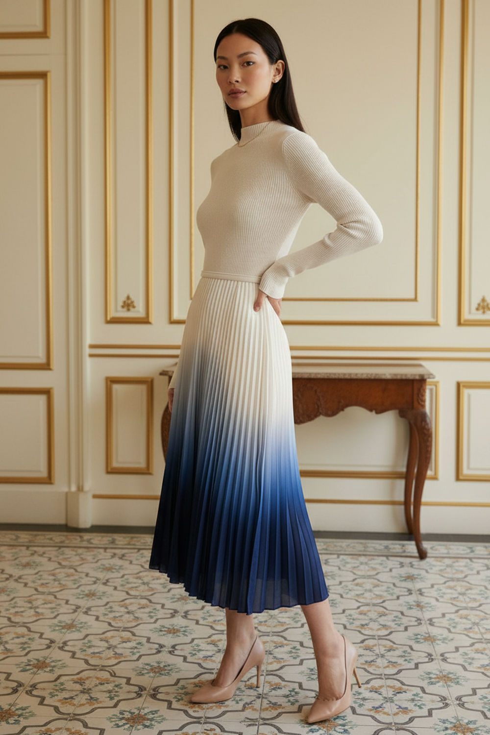 Sile Knit and Pleated Ombre Midi Dress