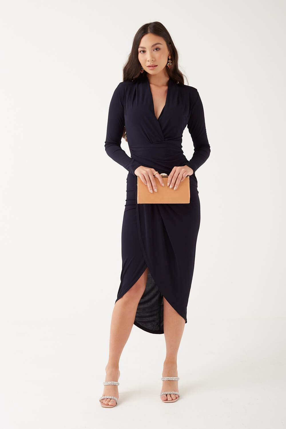 Kim Deep V Midi Dress in Navy
