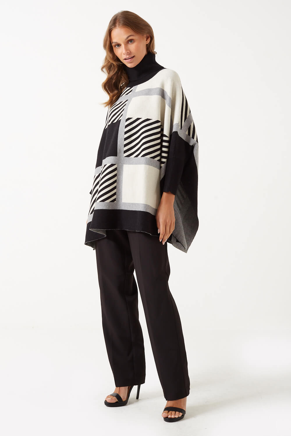 Claire Colour Block Knit Poncho in Black