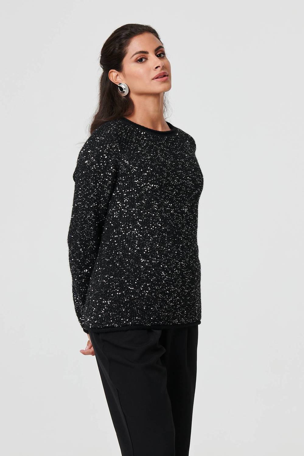 Sparkly Embellished Slim Jumper in Black