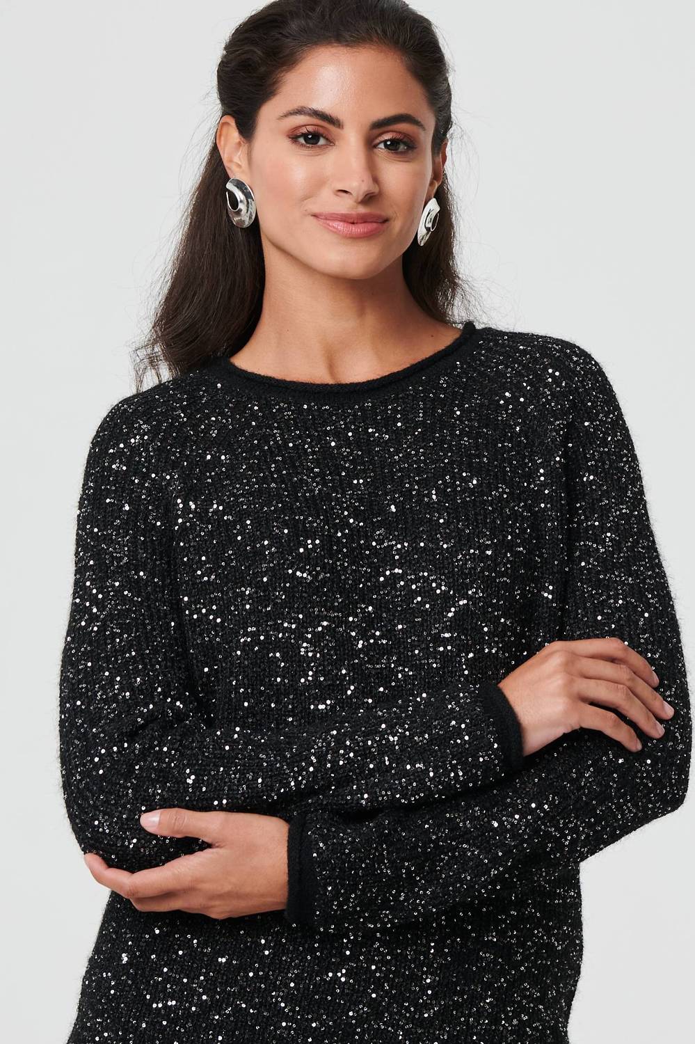 Sparkly Embellished Slim Jumper in Black