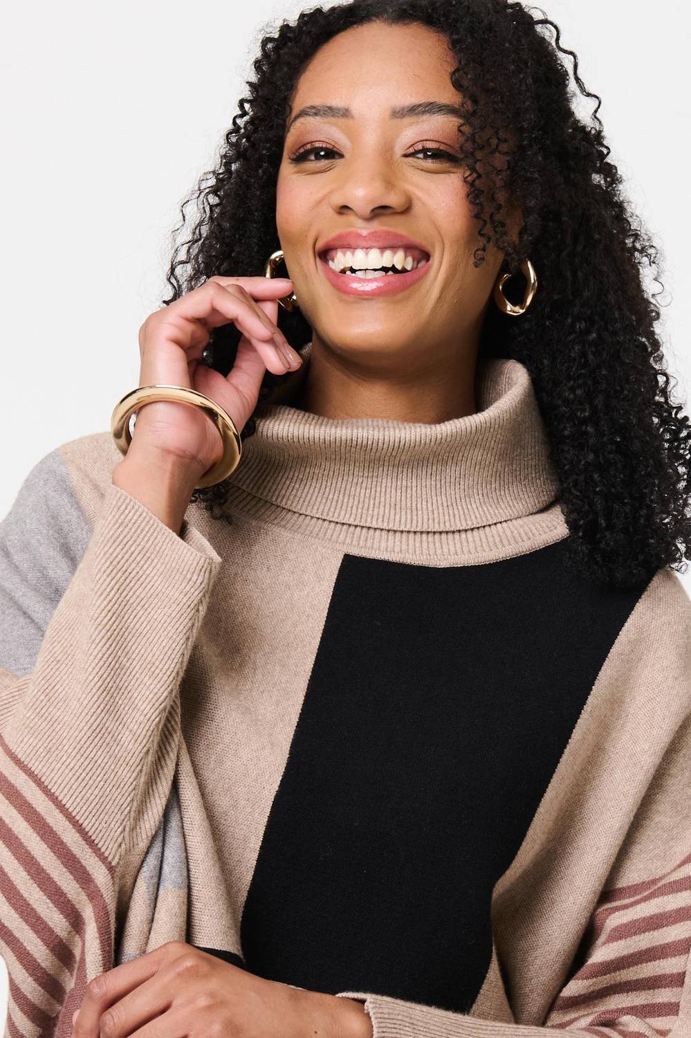 Colour Block Roll Neck Knitted Poncho in Beige