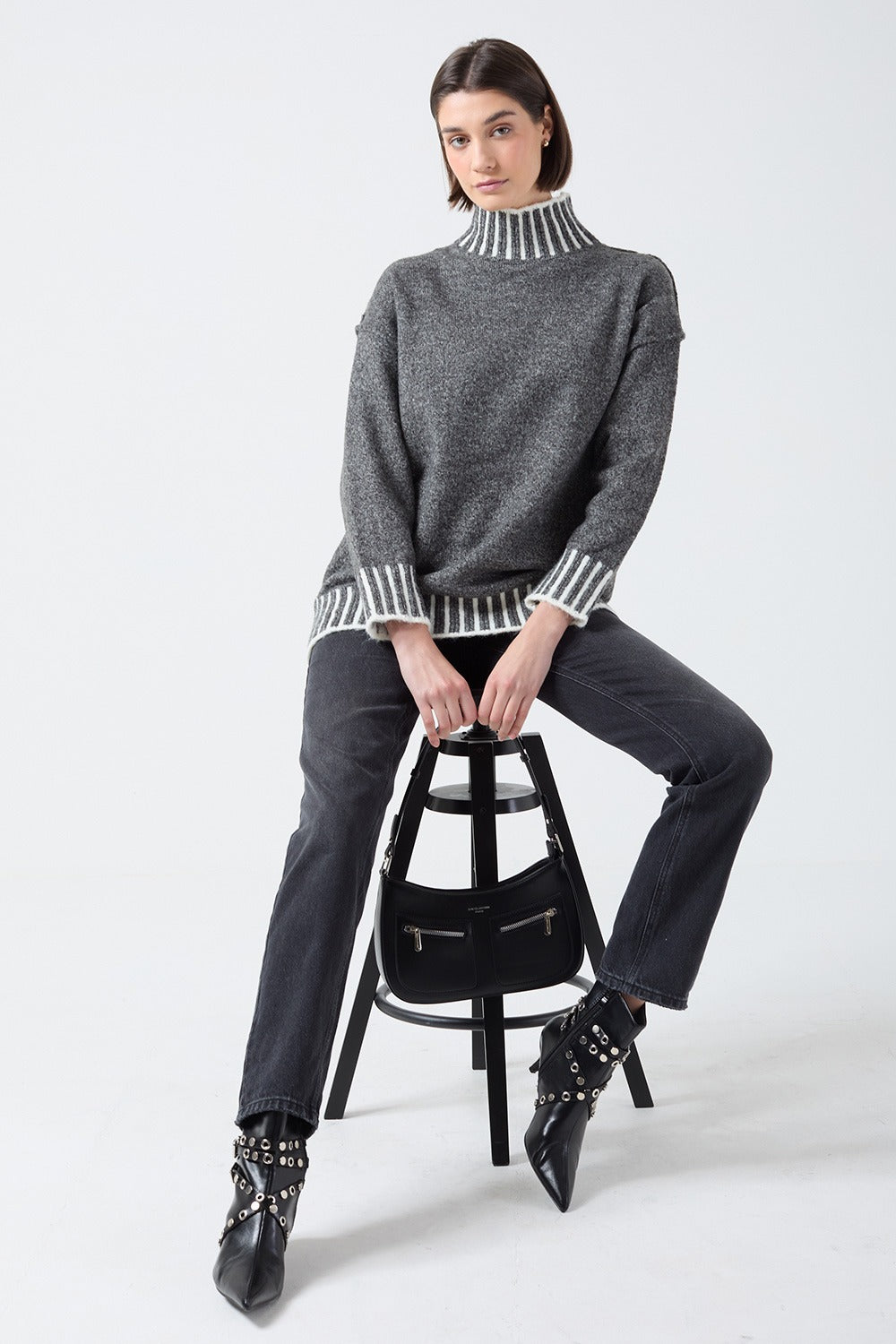 Nadia Stripe Detail Oversized High Neck Jumper in Grey