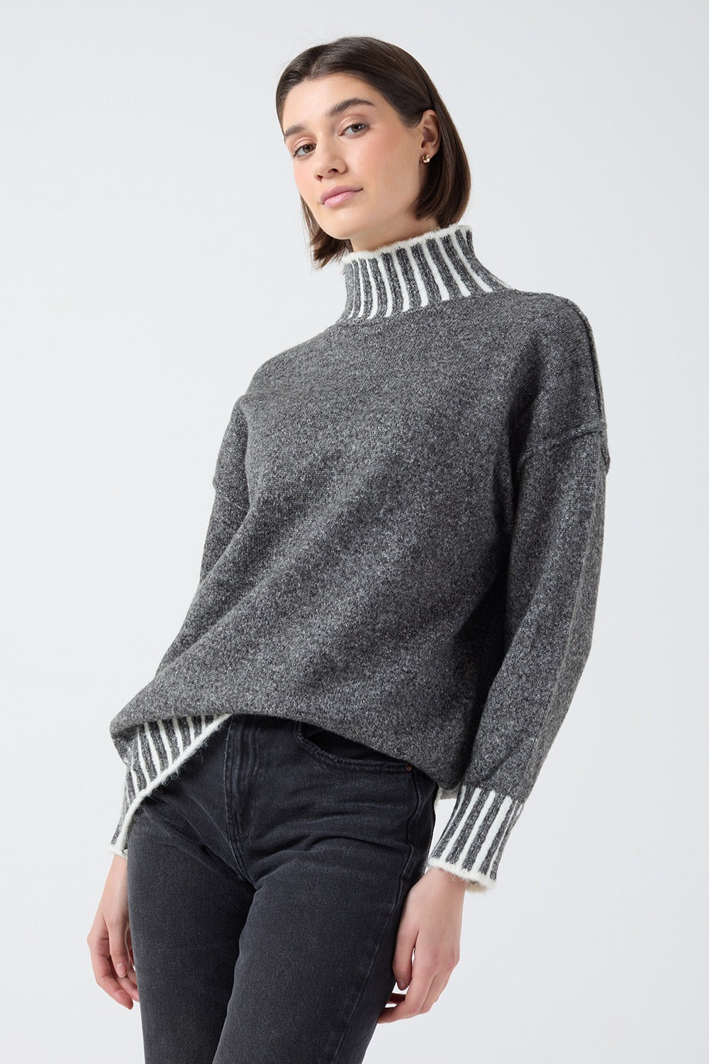 Nadia Stripe Detail Oversized High Neck Jumper in Grey
