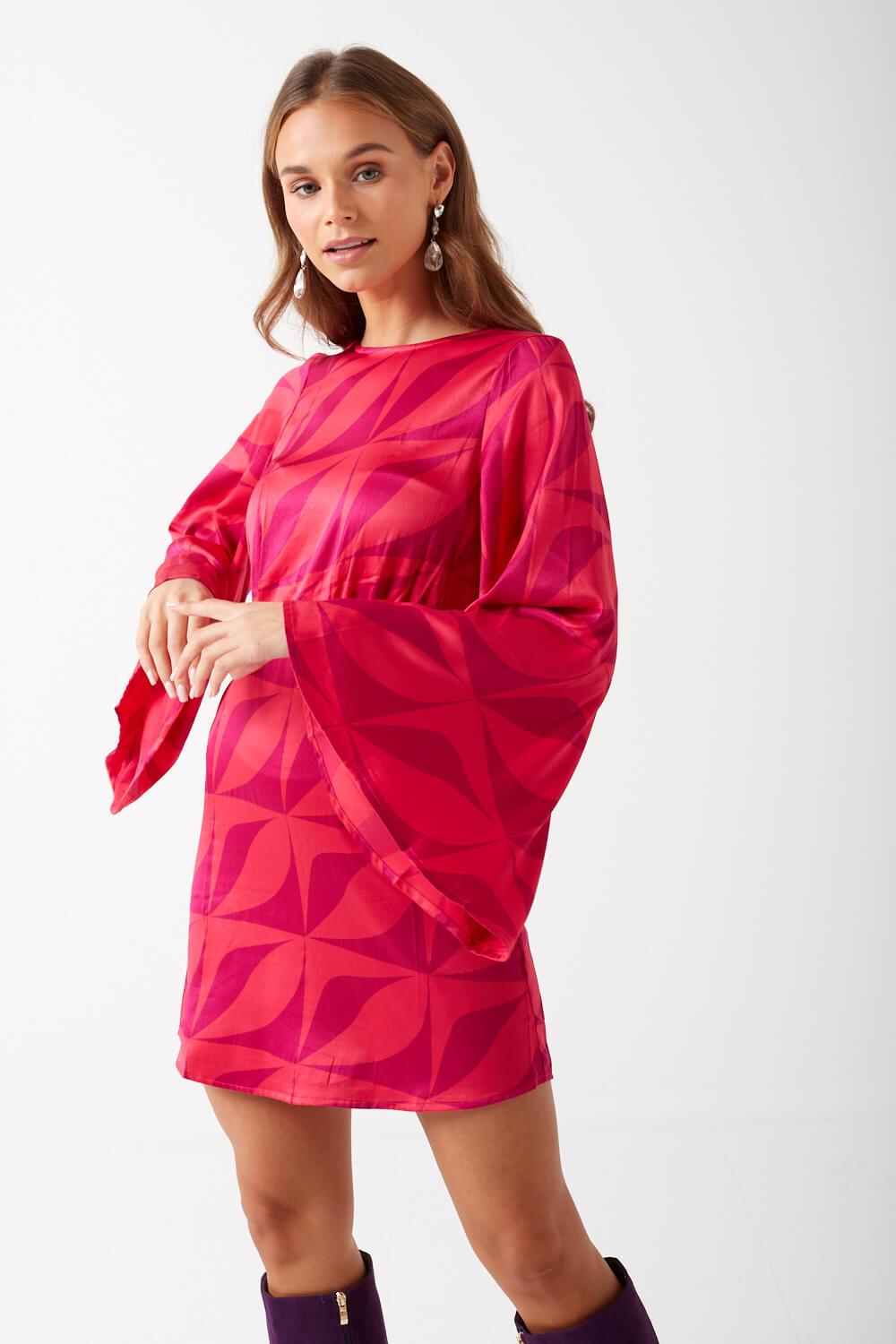 Kypra Bell Sleeve Printed Mini Dress in Pink
