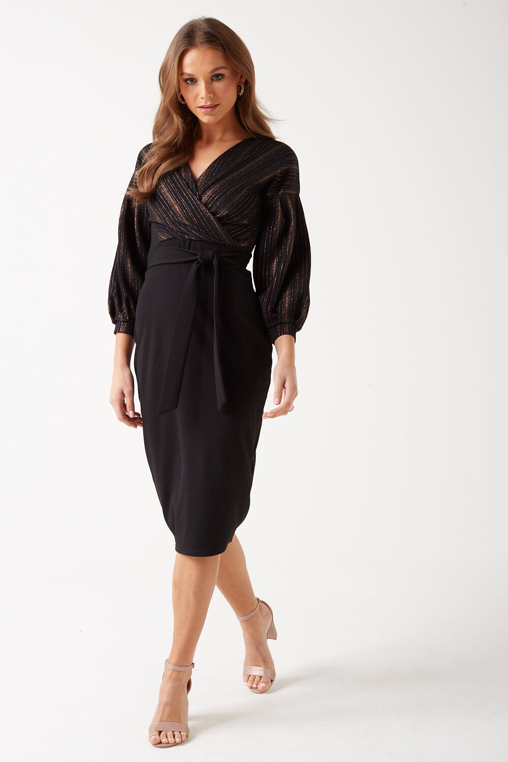 Lenora Foiled Midi Dress in Black