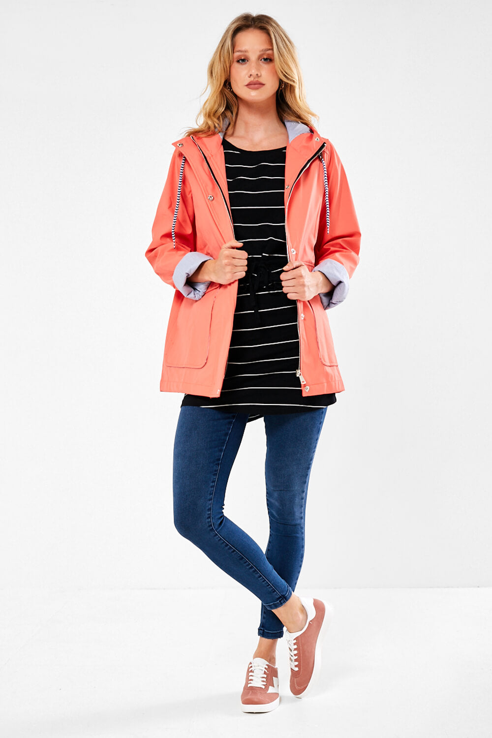Lilly Stripe Lined Raincoat in Coral