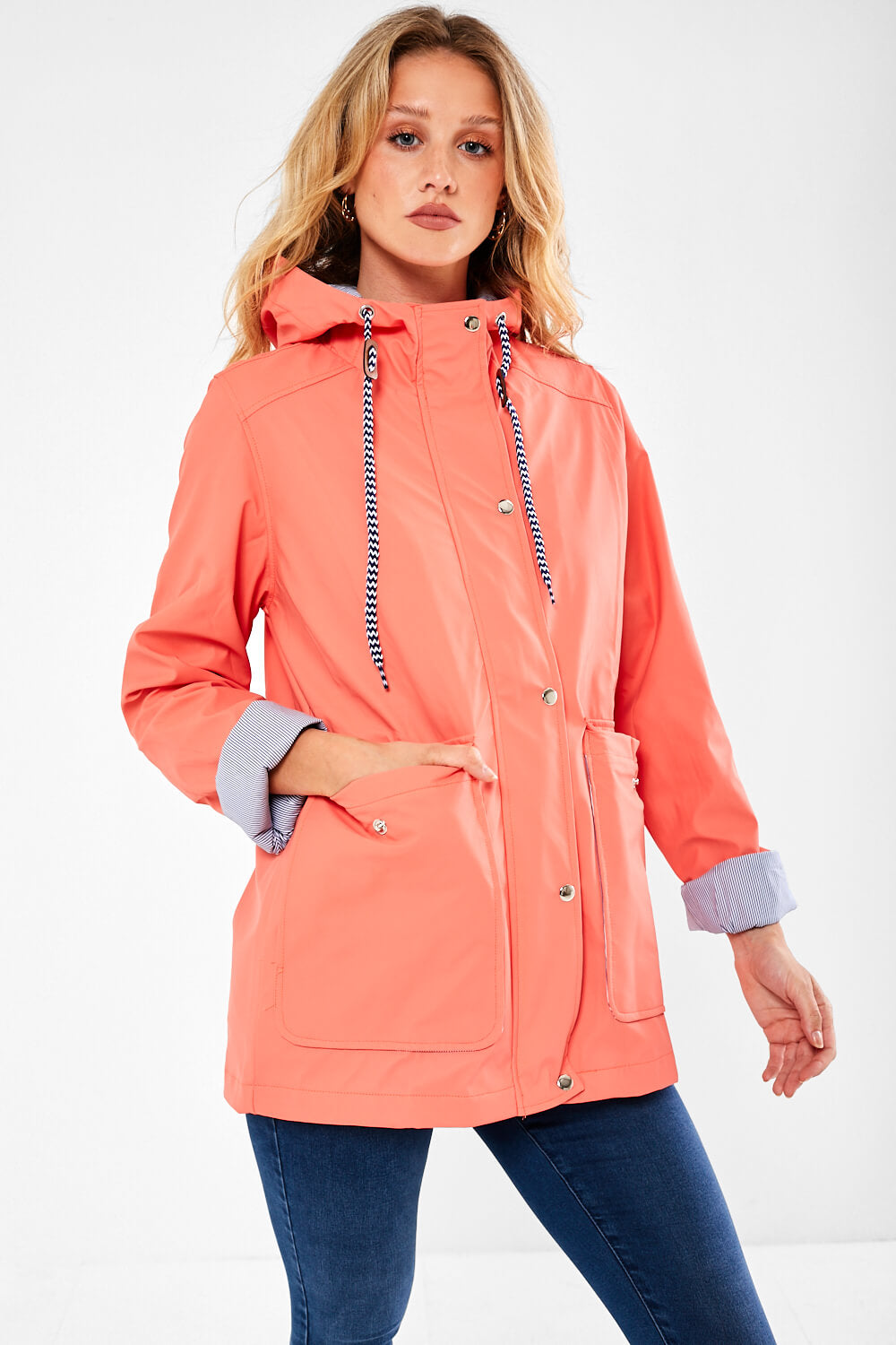 Lilly Stripe Lined Raincoat in Coral