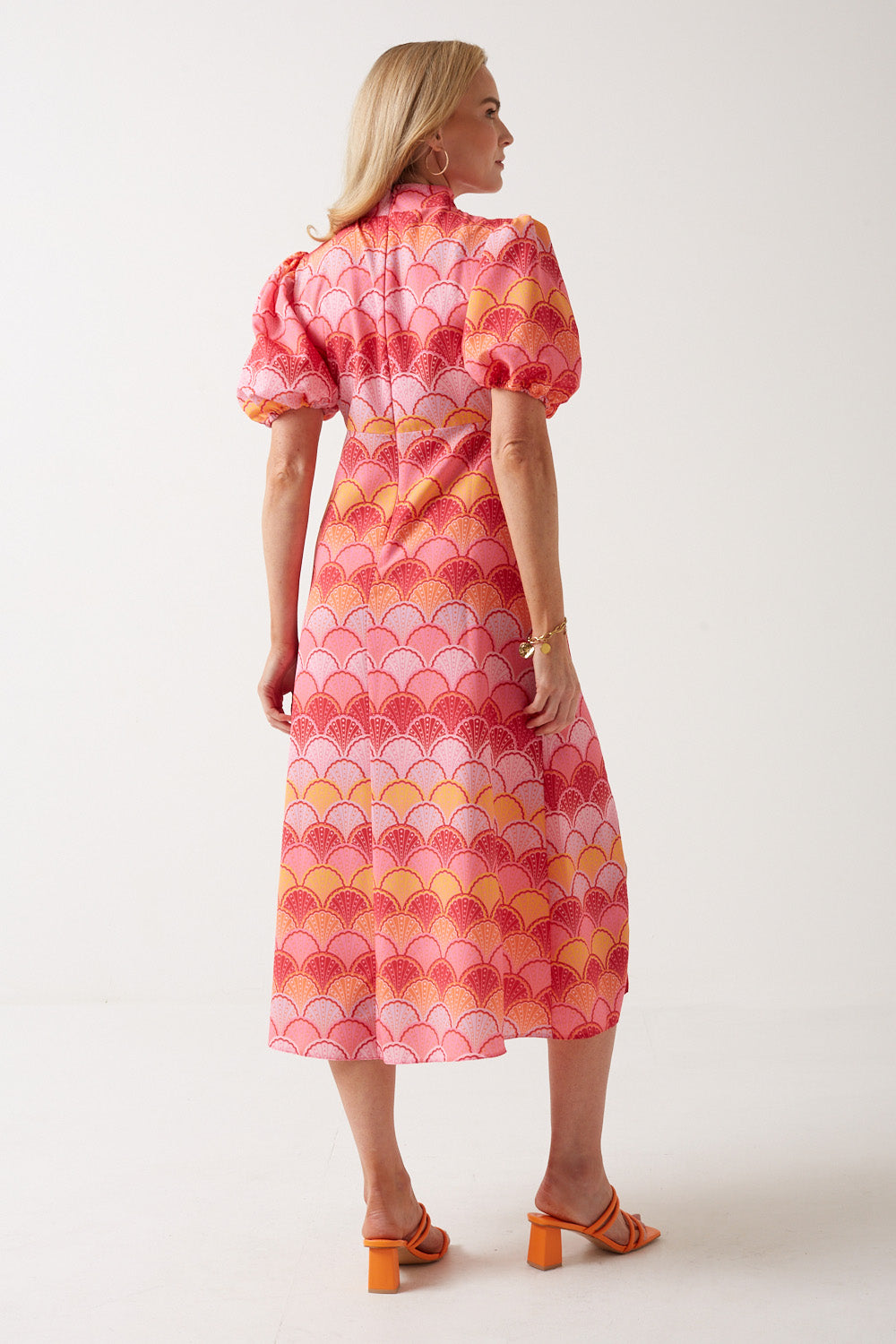 Lucinda Puff Sleeve High Neck Shell Print Midi Dress in Pink