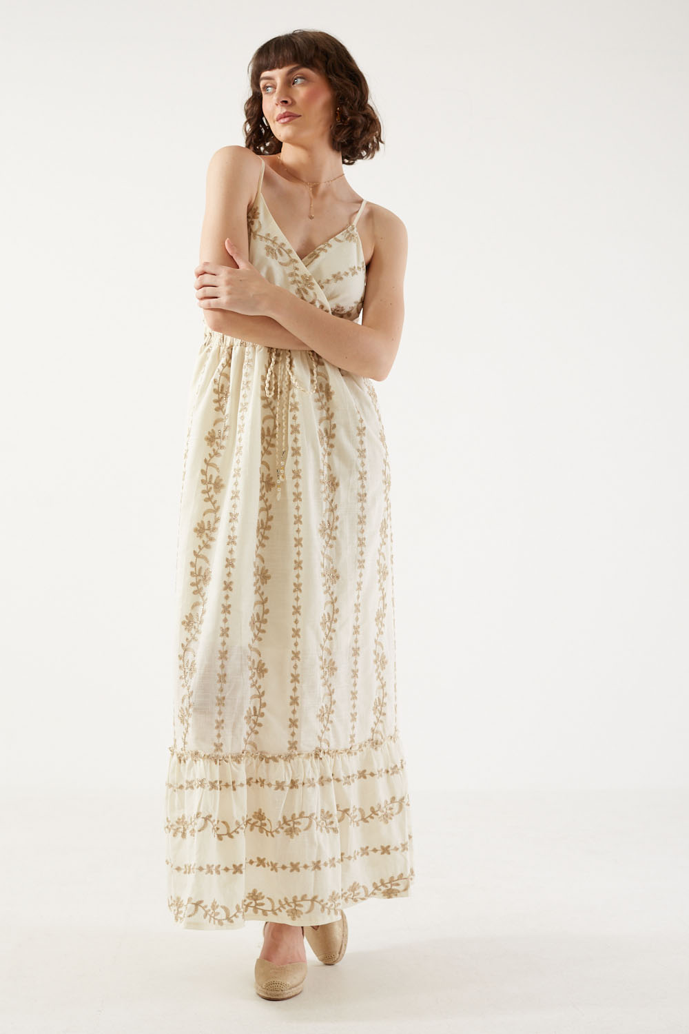 Esther Strappy Embroidered Maxi Dress in Beige