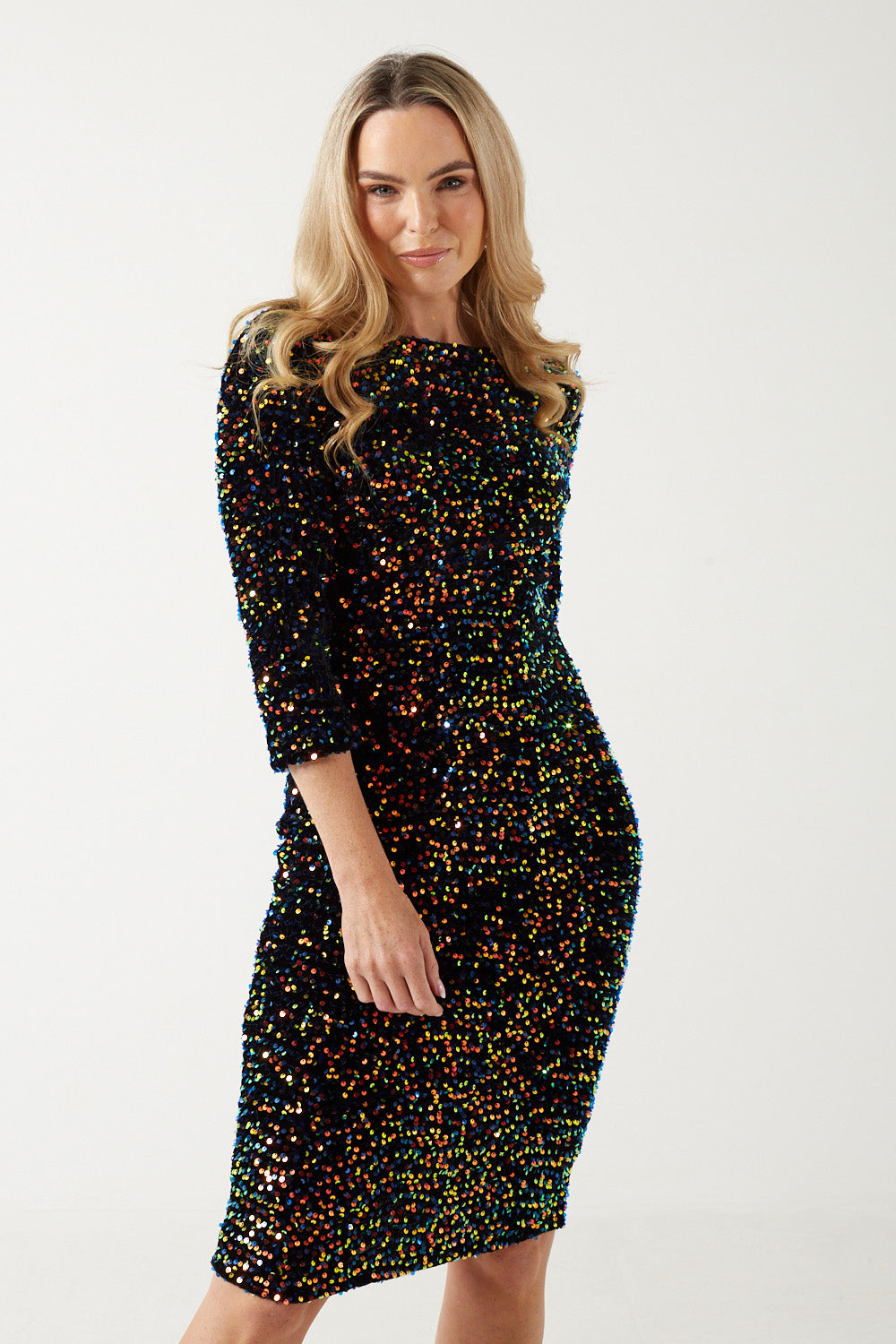 Patsy High Neck Sequin Open Back Dress in Black and Gold