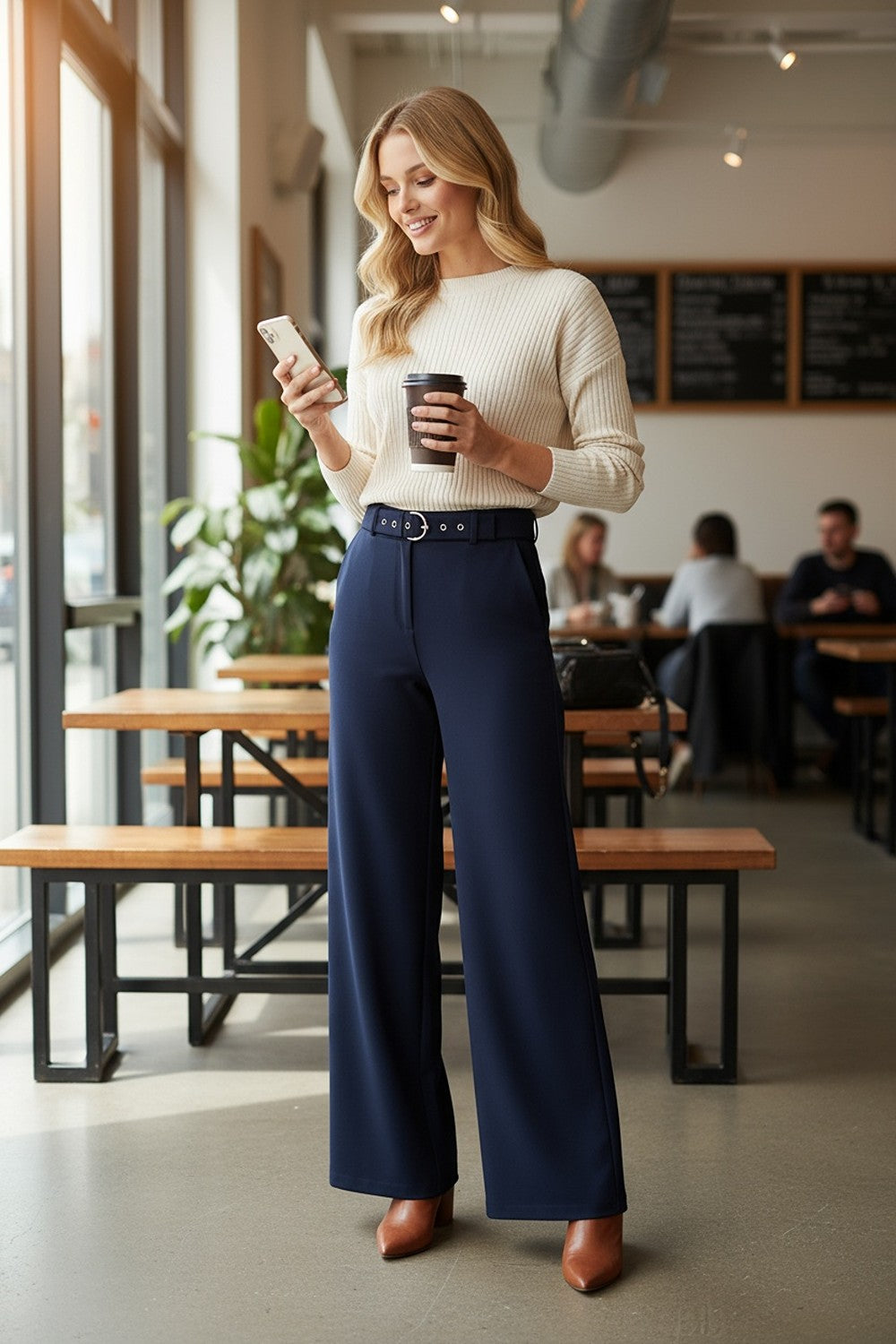 Maggie Stretch Wide Leg Belt Trouser in Navy