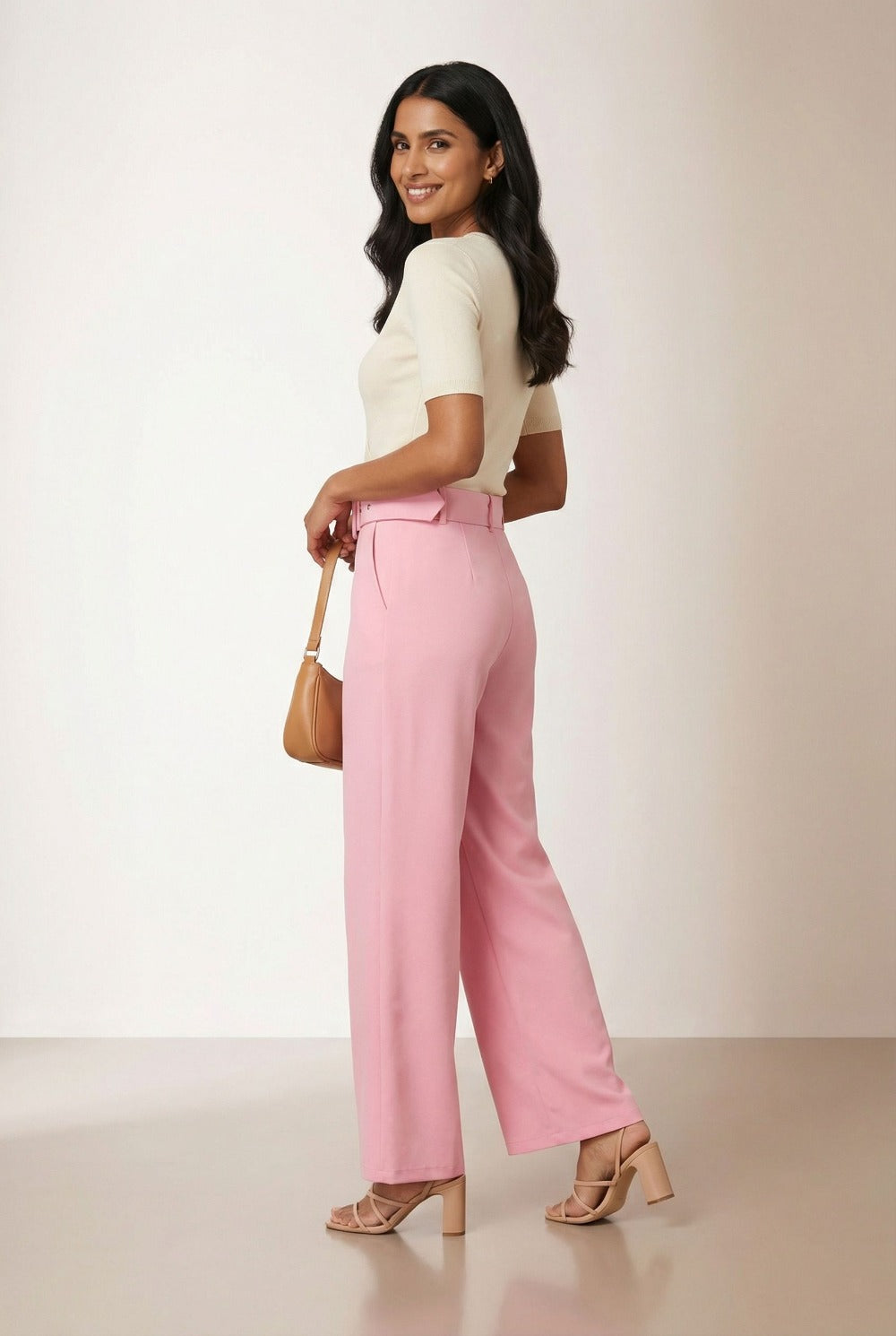 Maggie Stretch Wide Leg Belt Trouser in Baby Pink