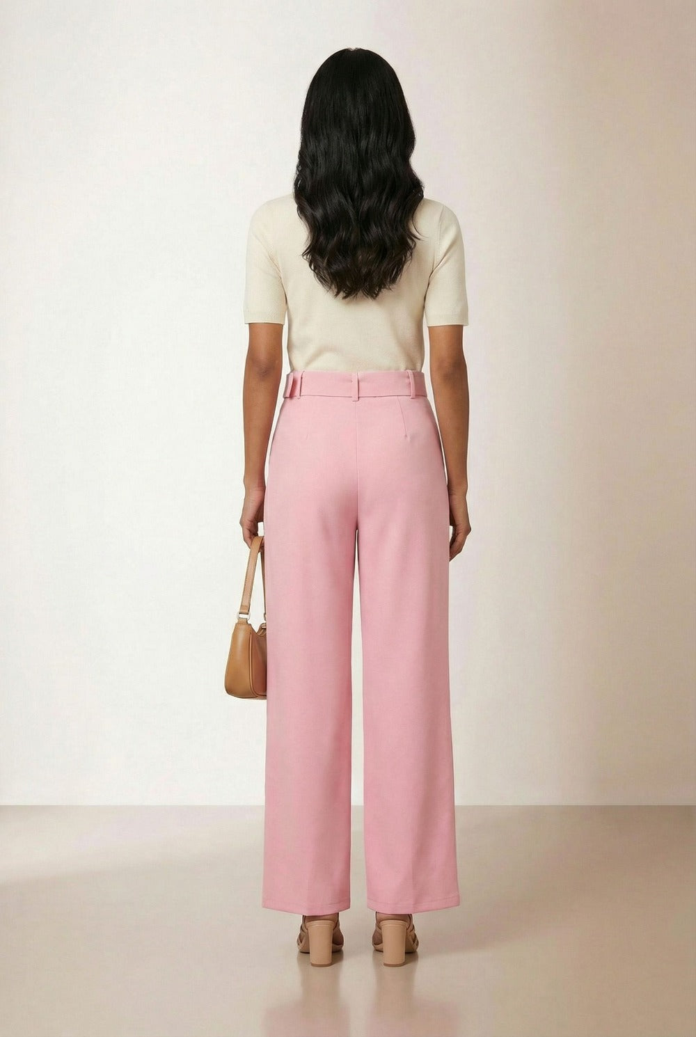 Maggie Stretch Wide Leg Belt Trouser in Baby Pink