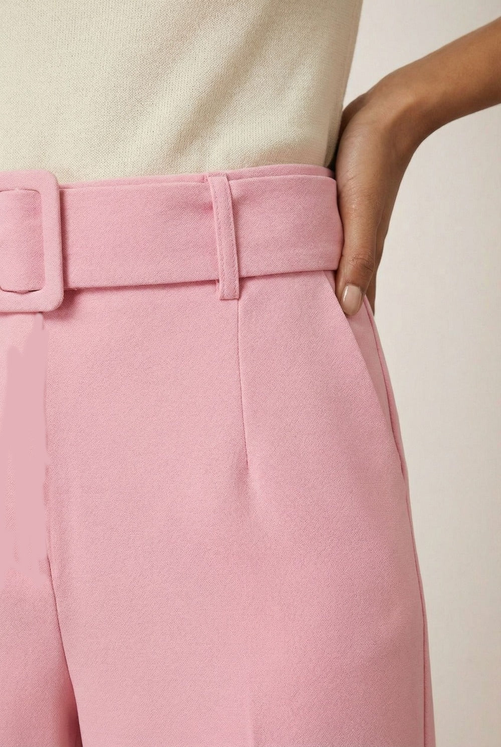 Maggie Stretch Wide Leg Belt Trouser in Baby Pink