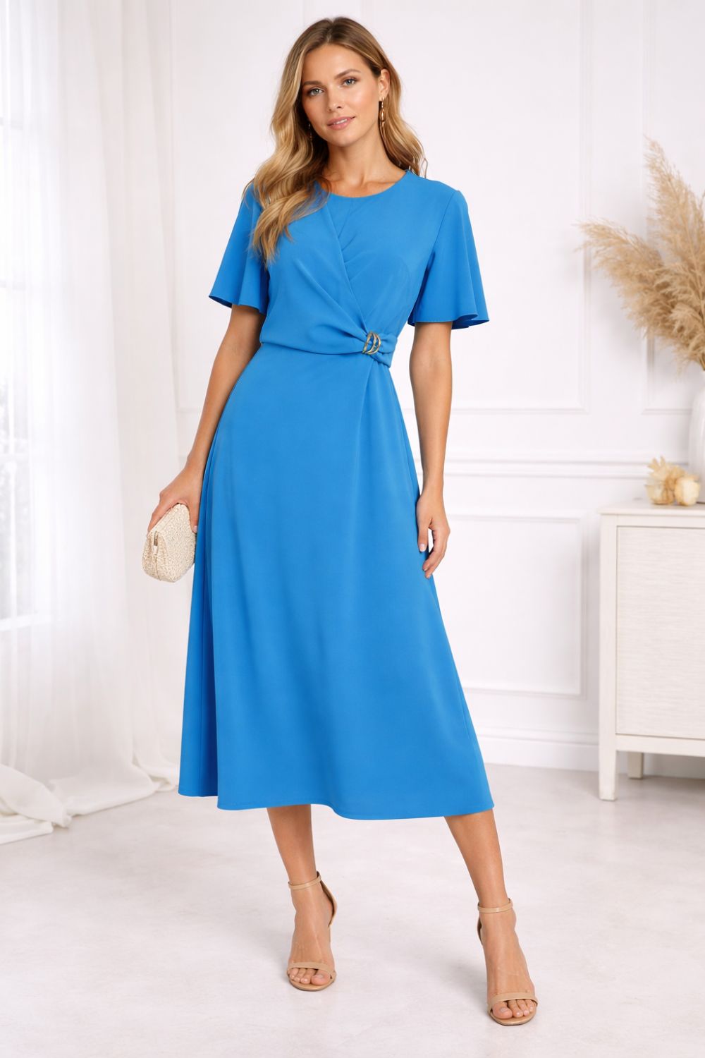 Short Flutter Sleeve Wrap-Style Midi Dress