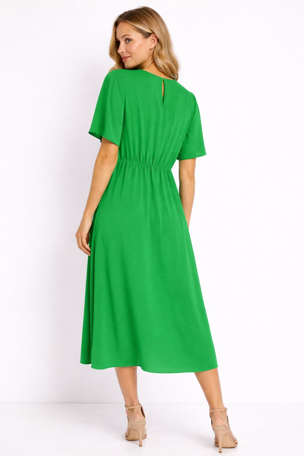Short-Sleeve Faux-Wrap Midi Dress in Green