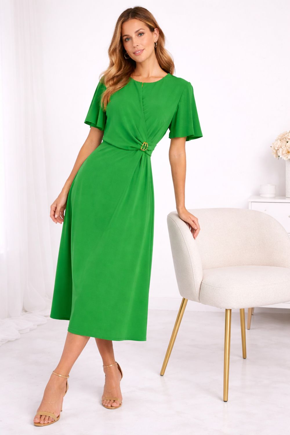 Short-Sleeve Faux-Wrap Midi Dress in Green