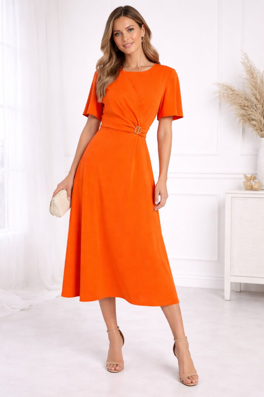 Short Flutter Sleeve Wrap-Style Midi Dress in Orange