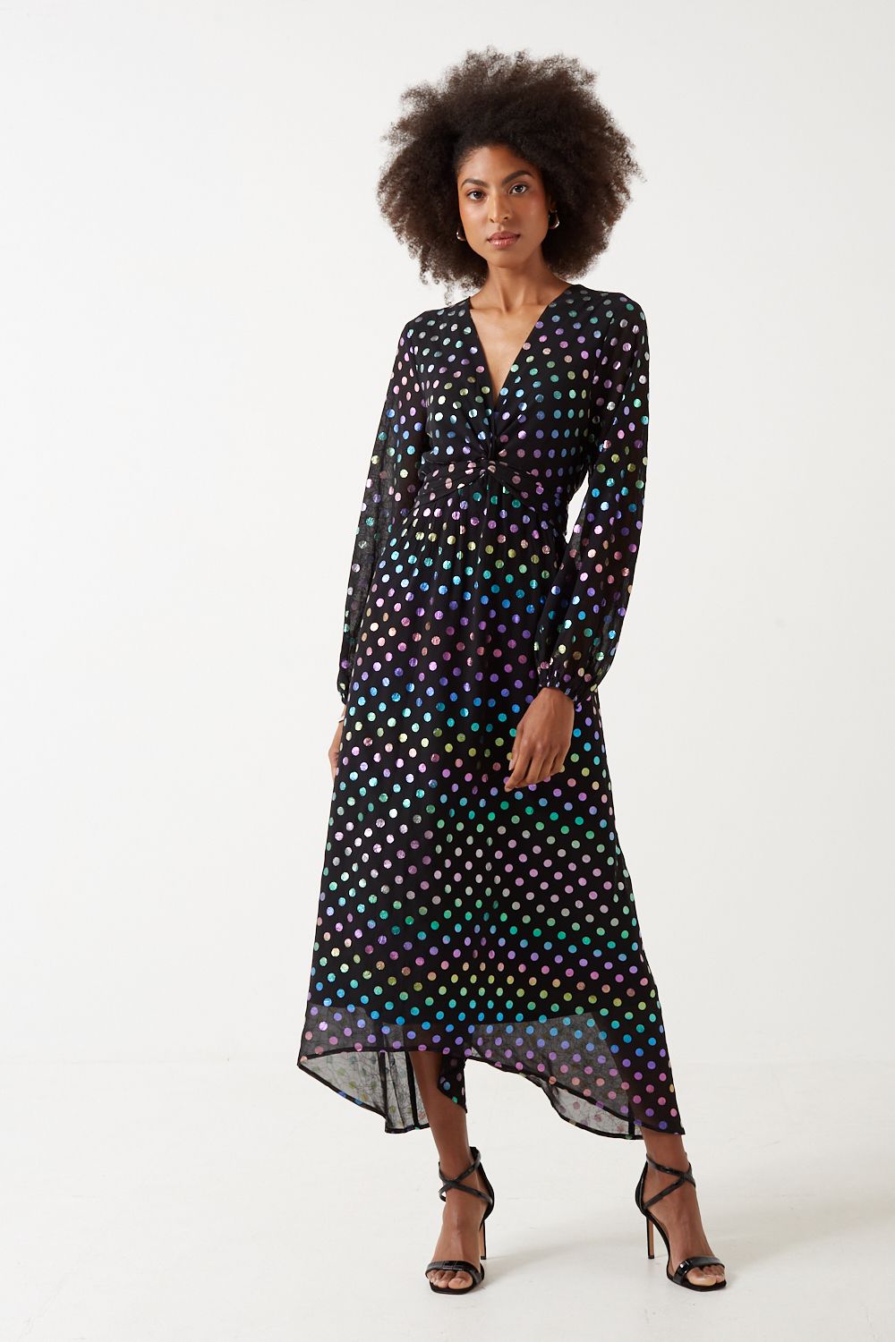 Isa V-Neck L/S Midi Dress Polka Dots Foil in Black