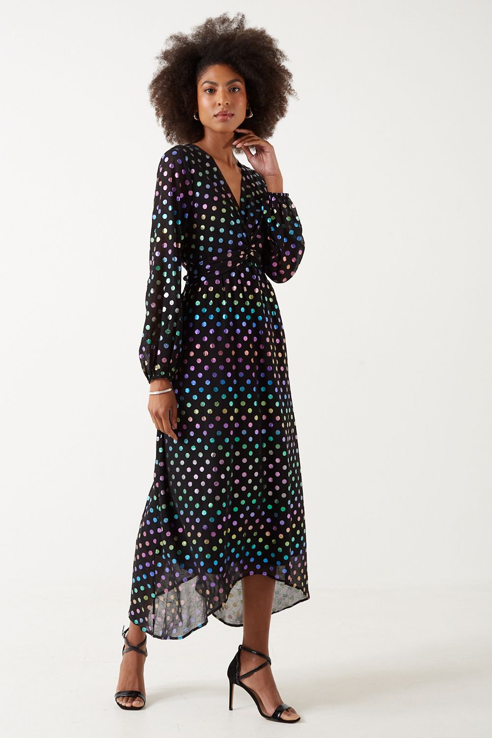 Isa V-Neck L/S Midi Dress Polka Dots Foil in Black