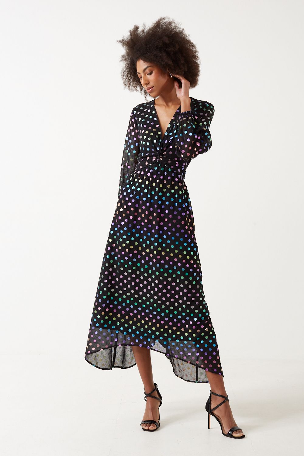 Isa V-Neck L/S Midi Dress Polka Dots Foil in Black