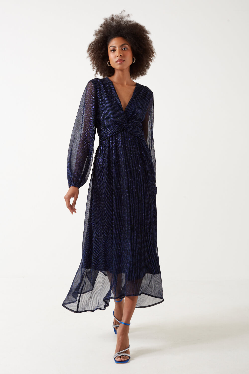 Isa V-Neck L/S Midi Lurex Dress in Navy