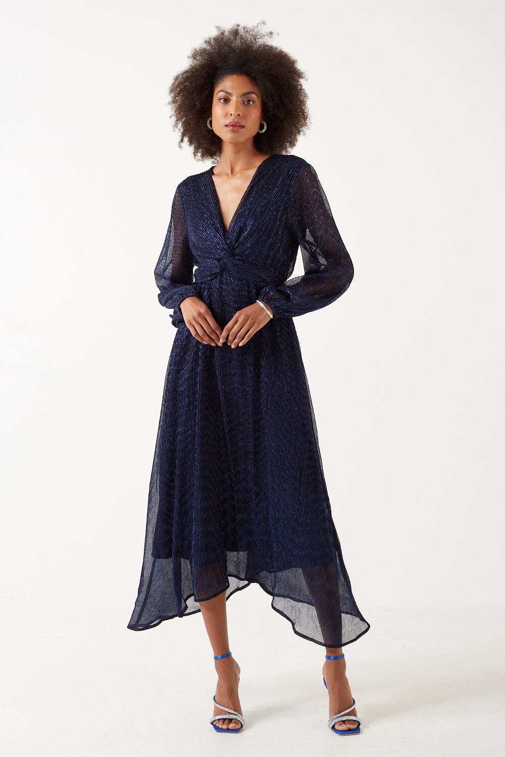 Isa V-Neck L/S Midi Lurex Dress in Navy