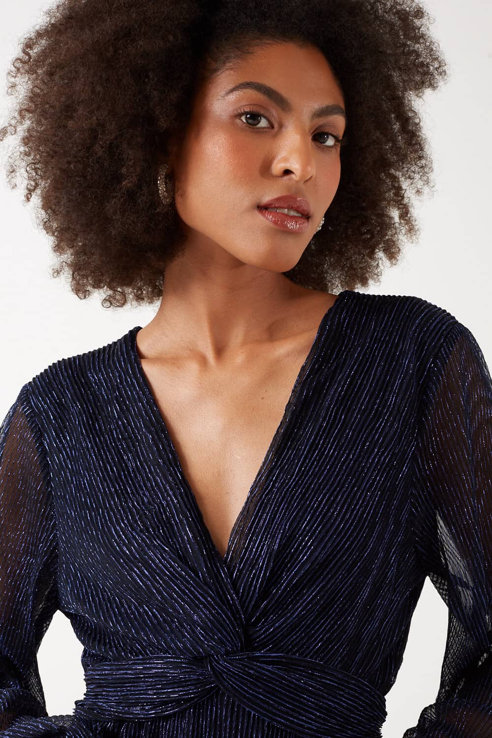 Isa V-Neck L/S Midi Lurex Dress in Navy