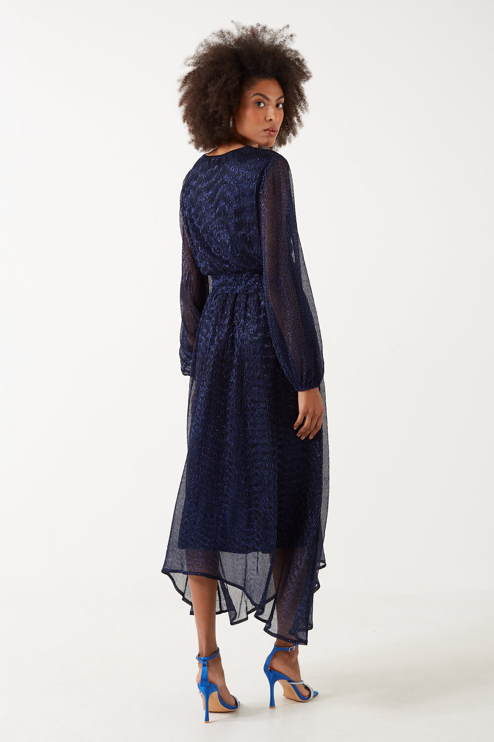 Isa V-Neck L/S Midi Lurex Dress in Navy