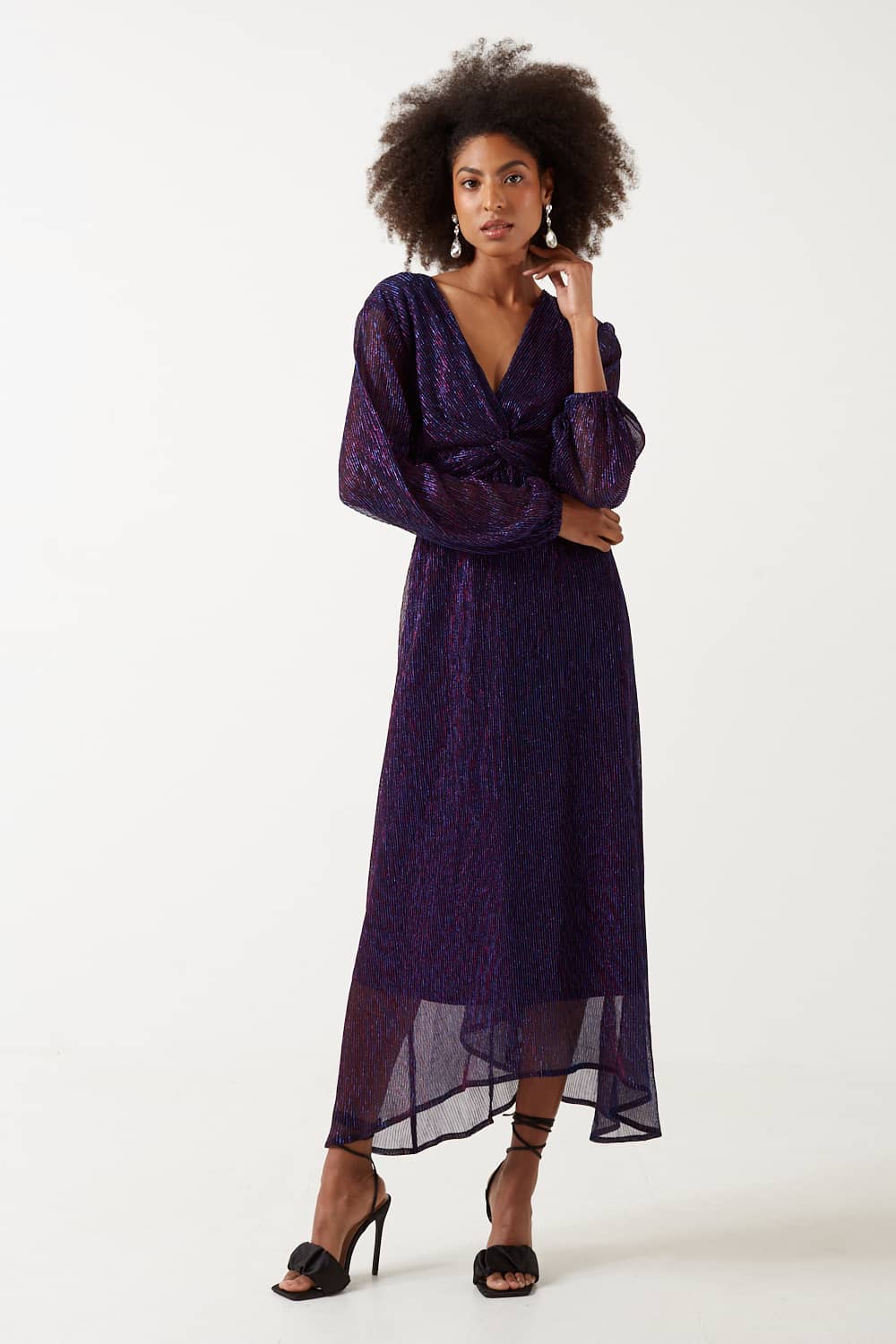 Isa V-Neck L/S Midi Lurex Dress in Purple