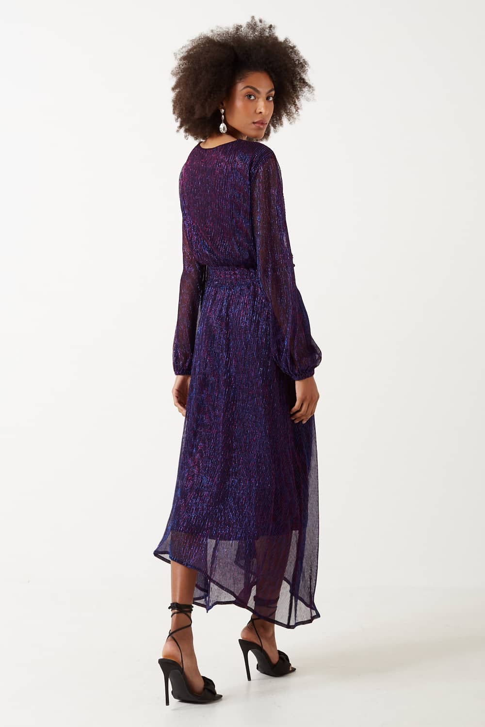 Isa V-Neck L/S Midi Lurex Dress in Purple