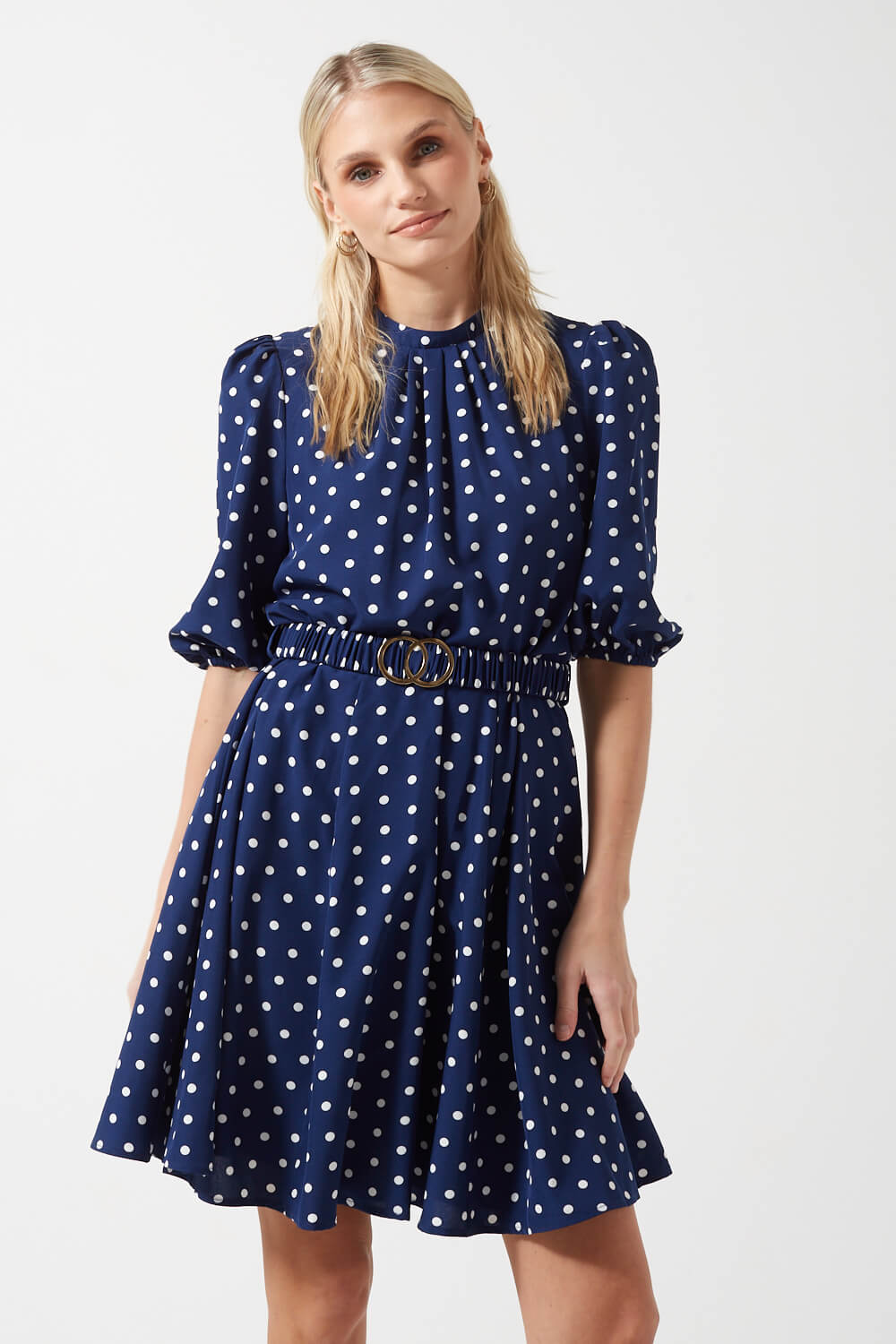Lara Belted High Neck Polka Dotted Short Dress in Navy