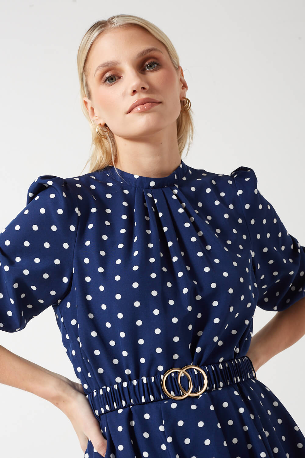 Lara Belted High Neck Polka Dotted Short Dress in Navy