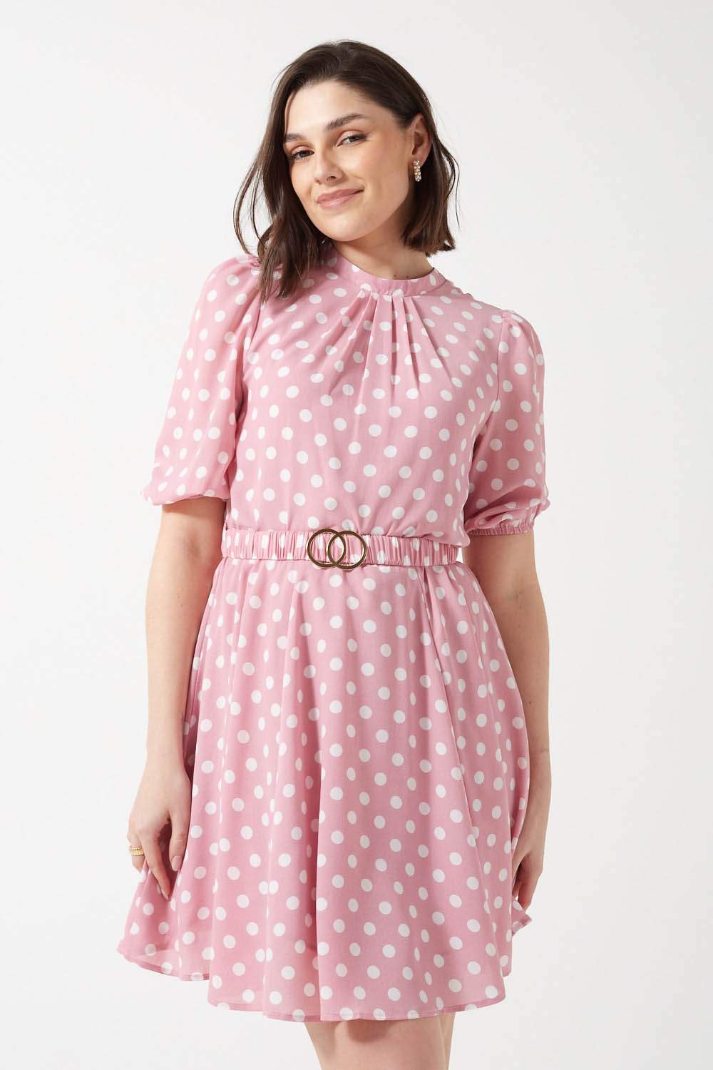 Lara Belted High Neck Polka Dotted Short Dress in Pink